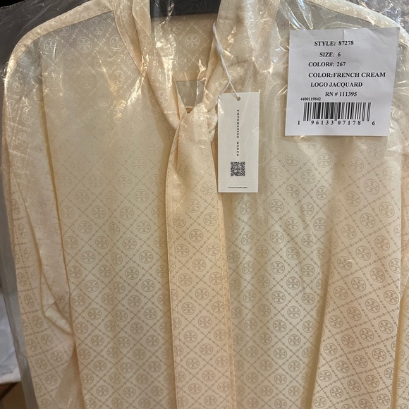 Tory Burch French-cream Tie Neck silk blouse; Jacquard logo; NWT - Picture 6 of 11